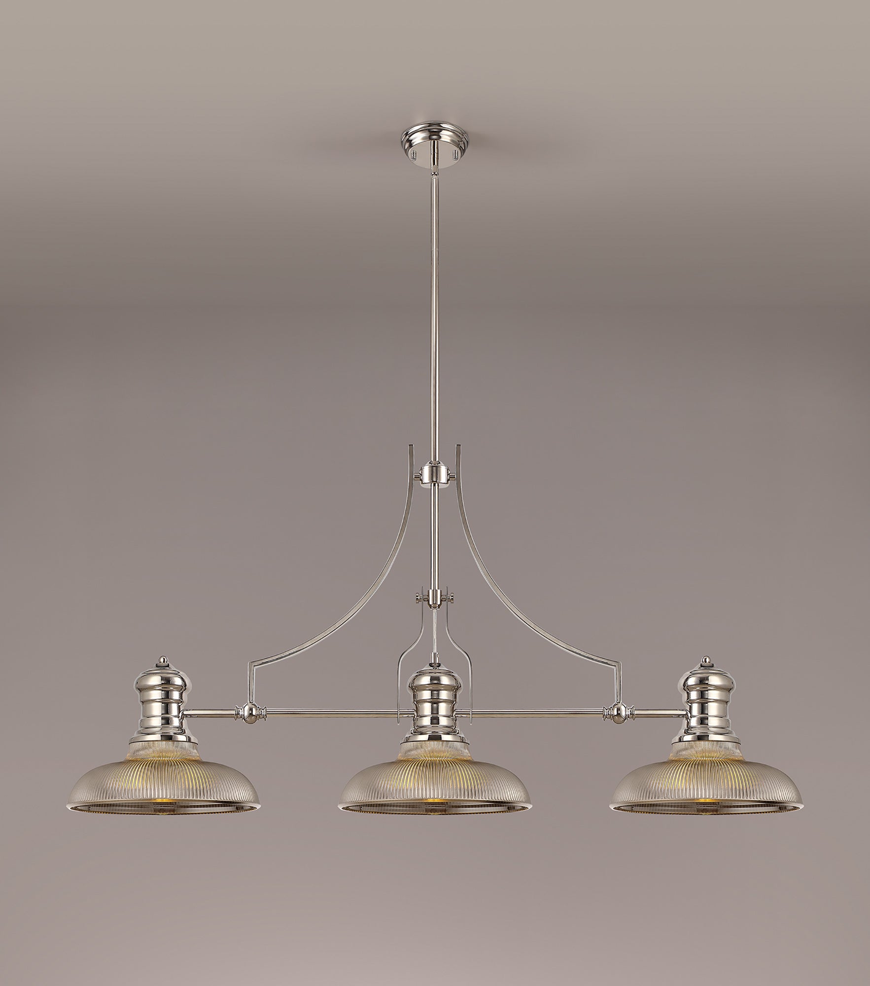 Docker 3 Light Linear Pendant E27 With 30cm Round Glass Shade, Polished Nickel, Smoked