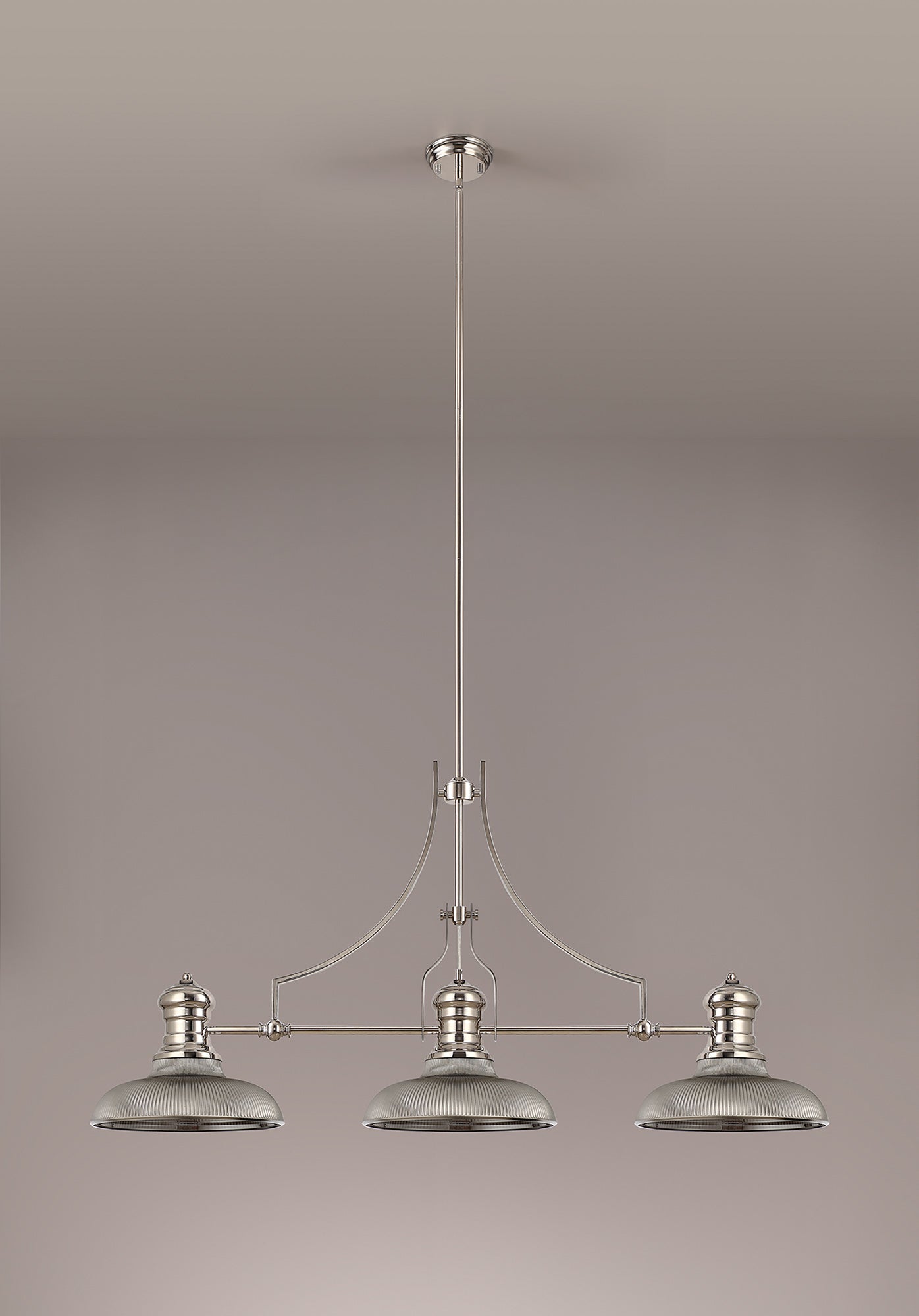 Docker 3 Light Linear Pendant E27 With 30cm Round Glass Shade, Polished Nickel, Smoked