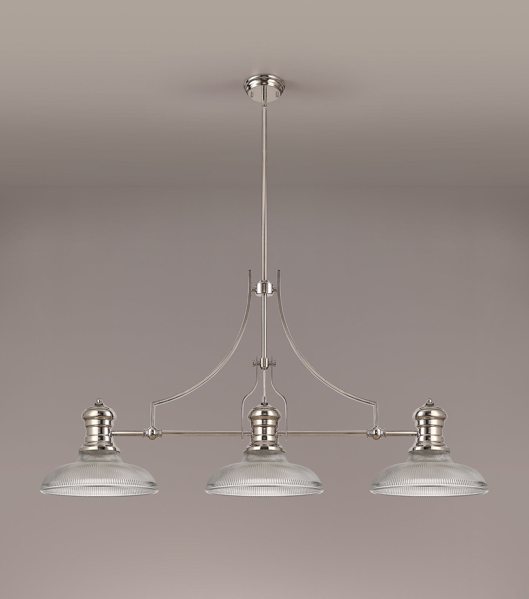 Docker 3 Light Linear Pendant E27 With 30cm Round Glass Shade, Polished Nickel, Clear