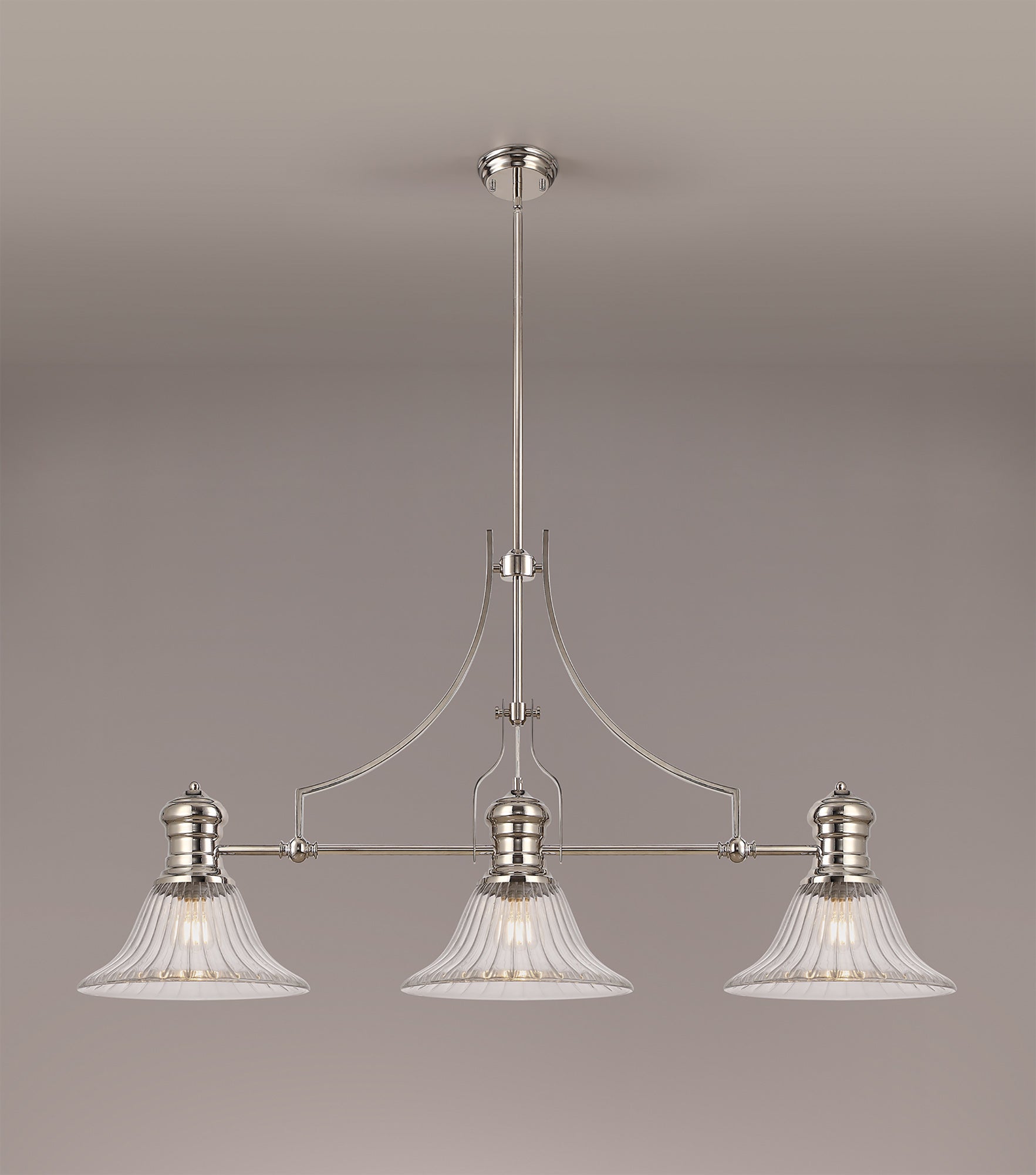 Docker 3 Light Linear Pendant E27 With 30cm Bell Glass Shade, Polished Nickel, Clear