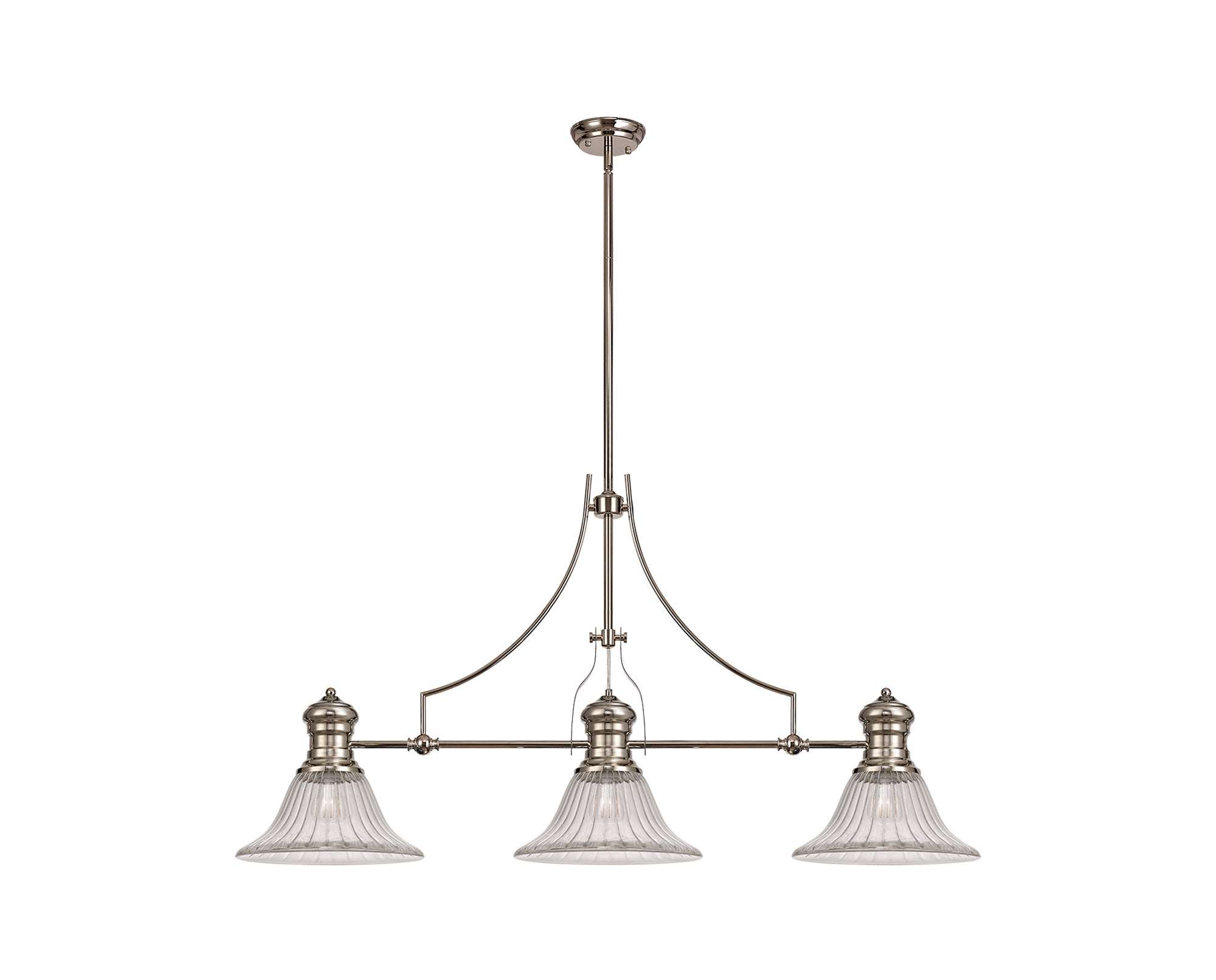 Docker 3 Light Linear Pendant E27 With 30cm Bell Glass Shade, Polished Nickel, Clear