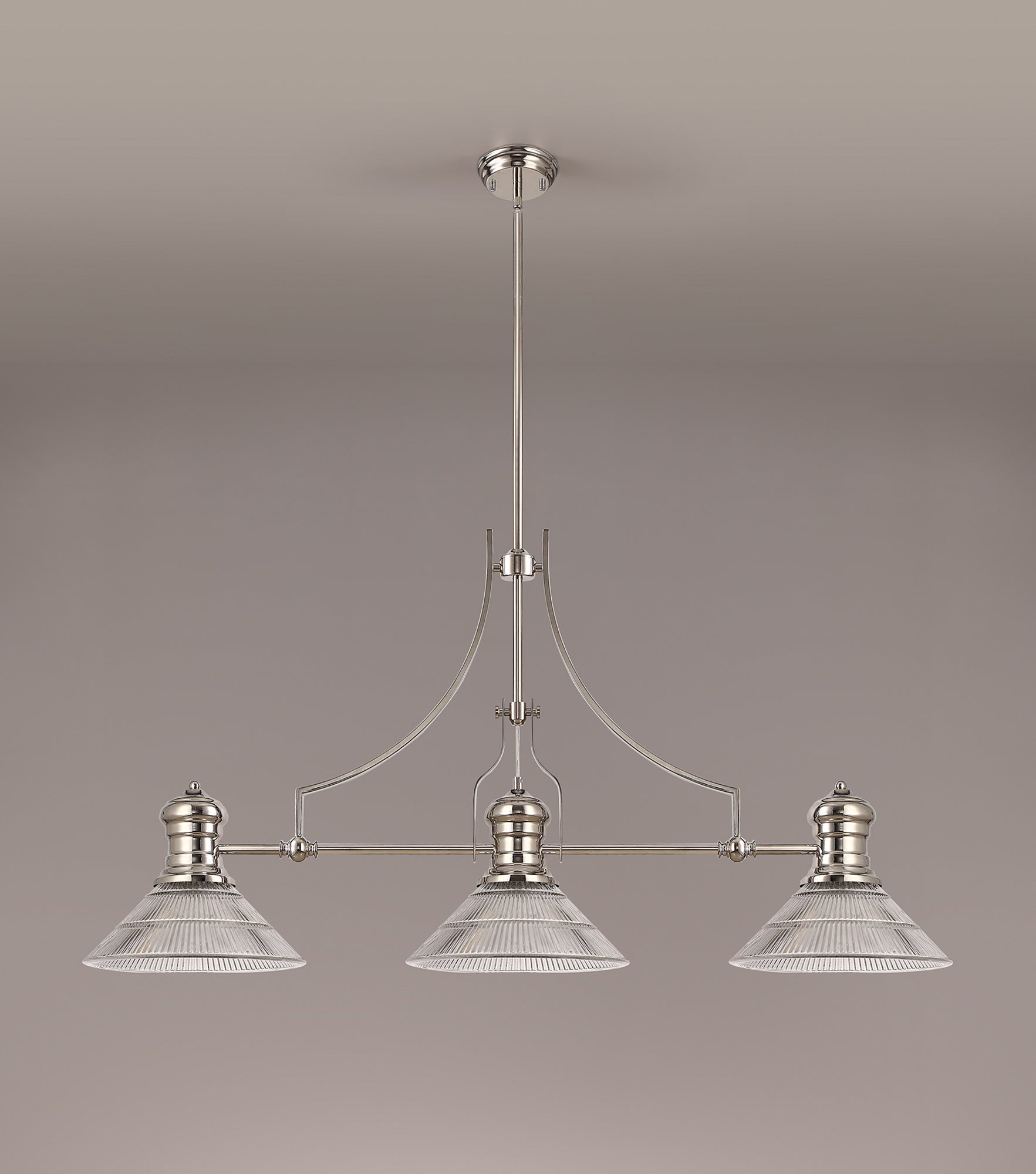 Docker 3 Light Linear Pendant E27 With 30cm Cone Glass Shade, Polished Nickel, Clear