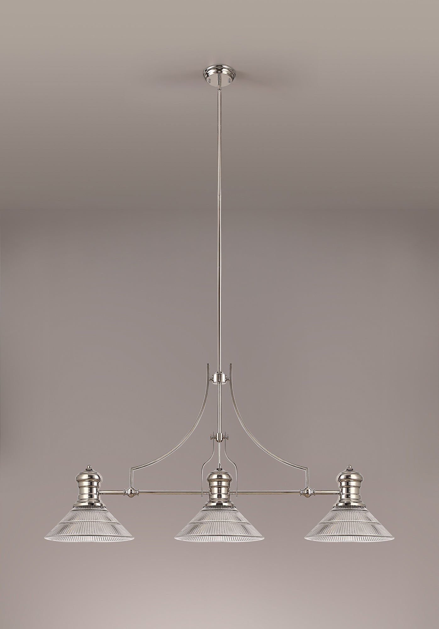 Docker 3 Light Linear Pendant E27 With 30cm Cone Glass Shade, Polished Nickel, Clear