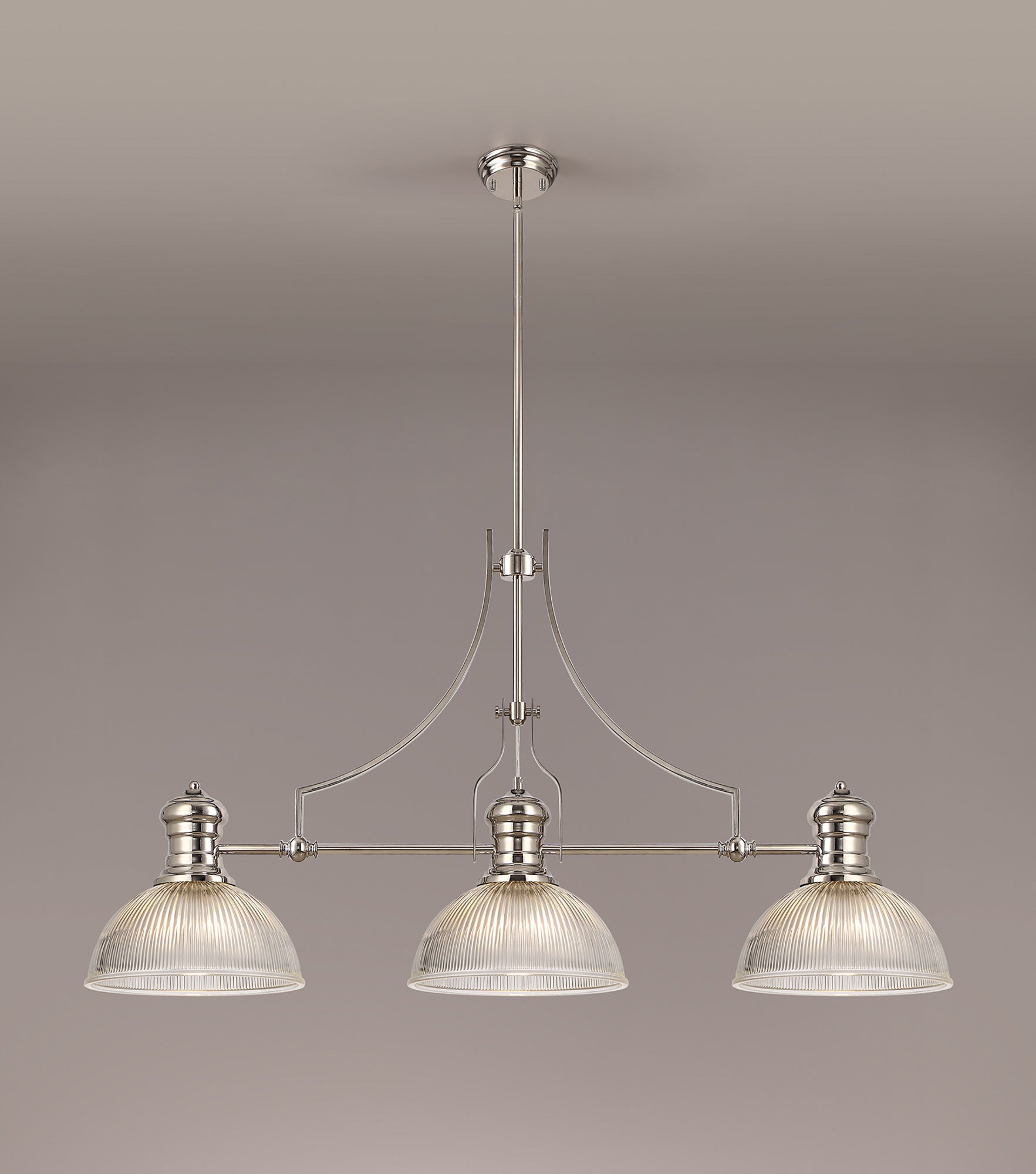 Docker 3 Light Linear Pendant E27 With 30cm Dome Glass Shade, Polished Nickel, Clear