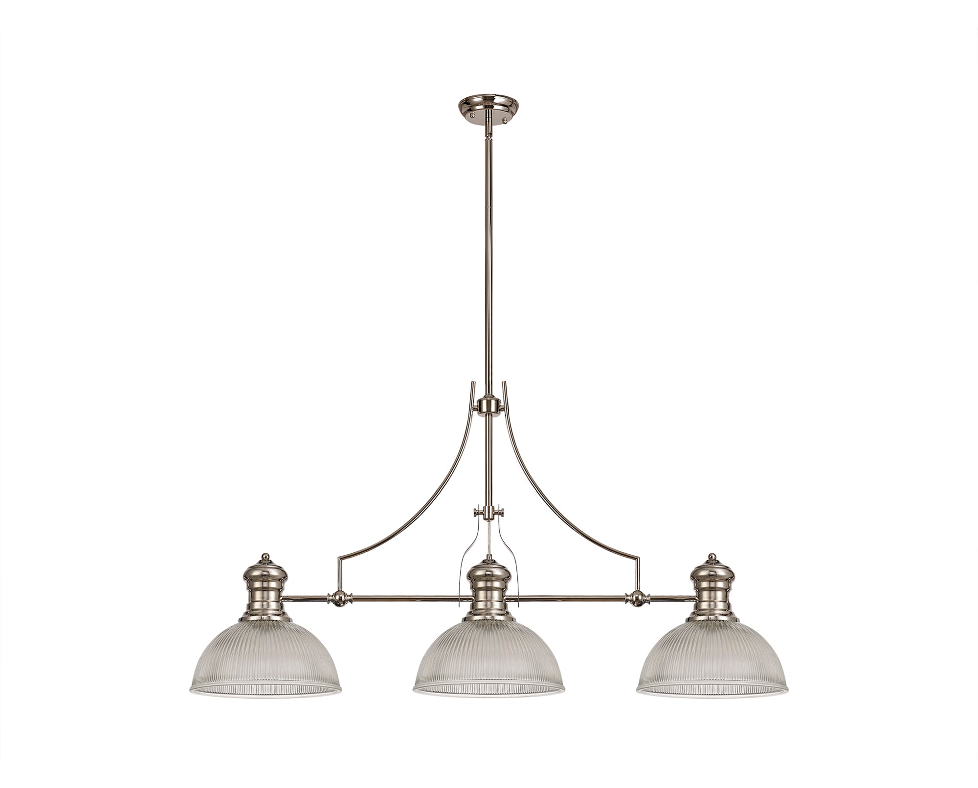Docker 3 Light Linear Pendant E27 With 30cm Dome Glass Shade, Polished Nickel, Clear