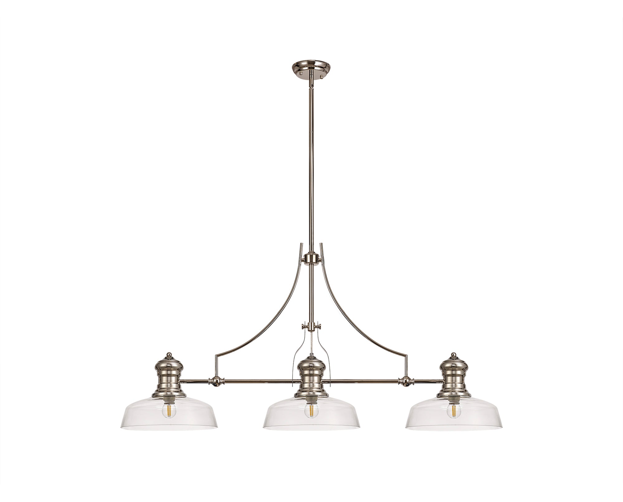 Docker 3 Light Linear Pendant E27 With 30cm Flat Round Glass Shade, Polished Nickel, Clear