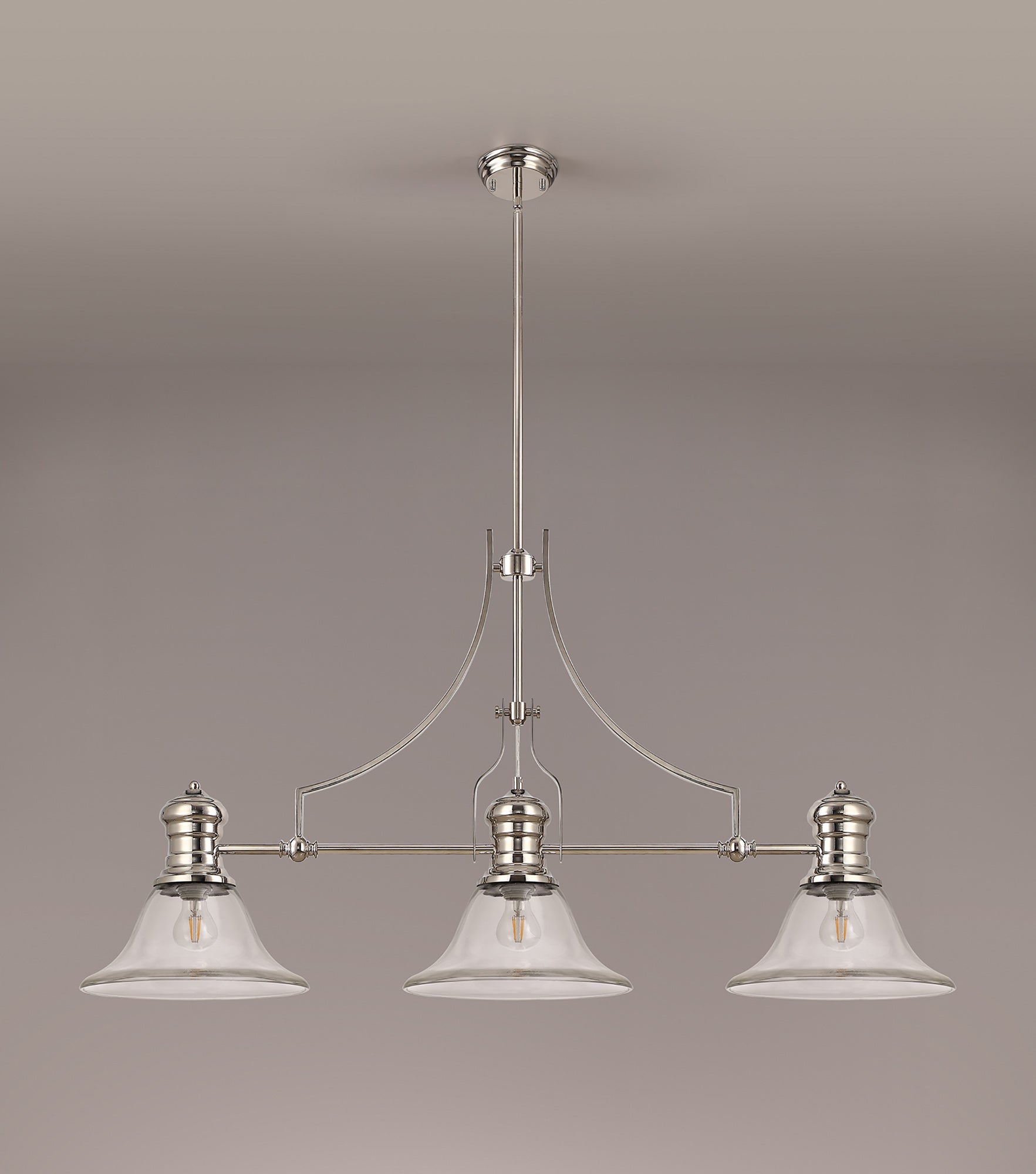 Docker 3 Light Linear Pendant E27 With 30cm Smooth Bell Glass Shade, Polished Nickel, Clear