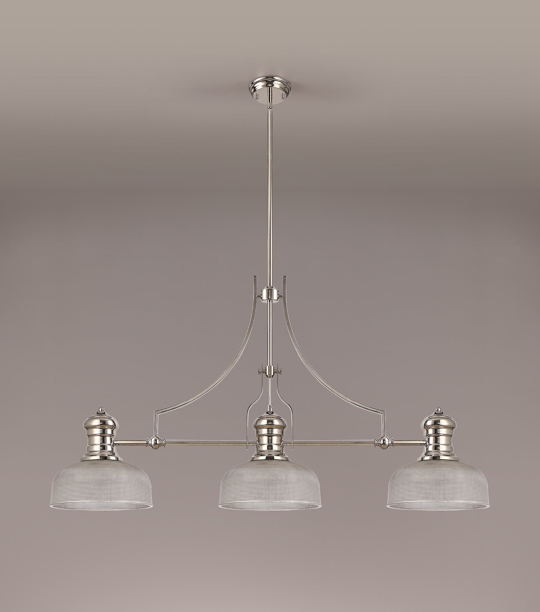 Docker 3 Light Linear Pendant E27 With 26.5cm Prismatic Glass Shade, Polished Nickel, Clear