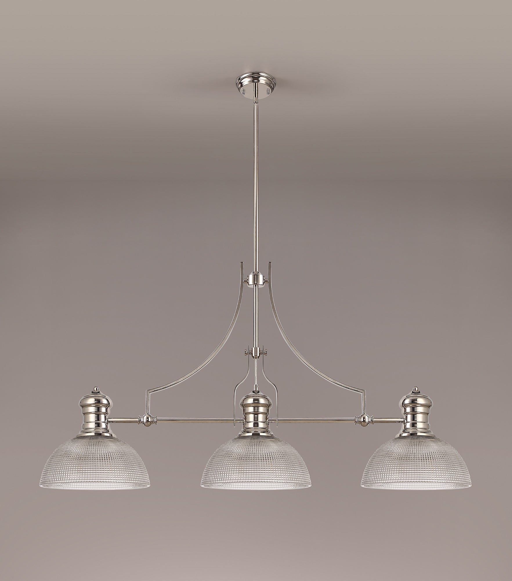 Docker 3 Light Linear Pendant E27 With 30cm Prismatic Glass Shade, Polished Nickel, Clear