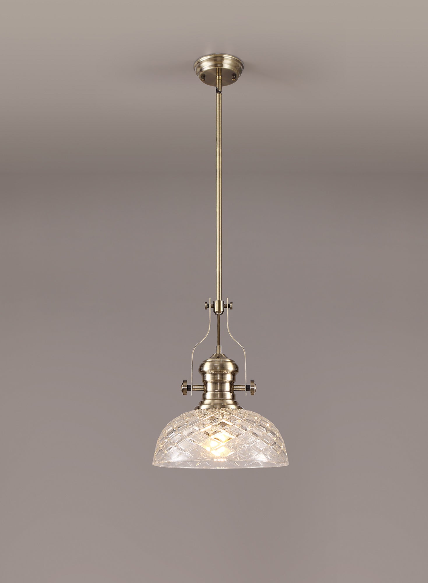 Docker Pendant With 30cm Flat Round Patterned Shade, 1 x E27, Antique Brass/Clear Glass LOK104623