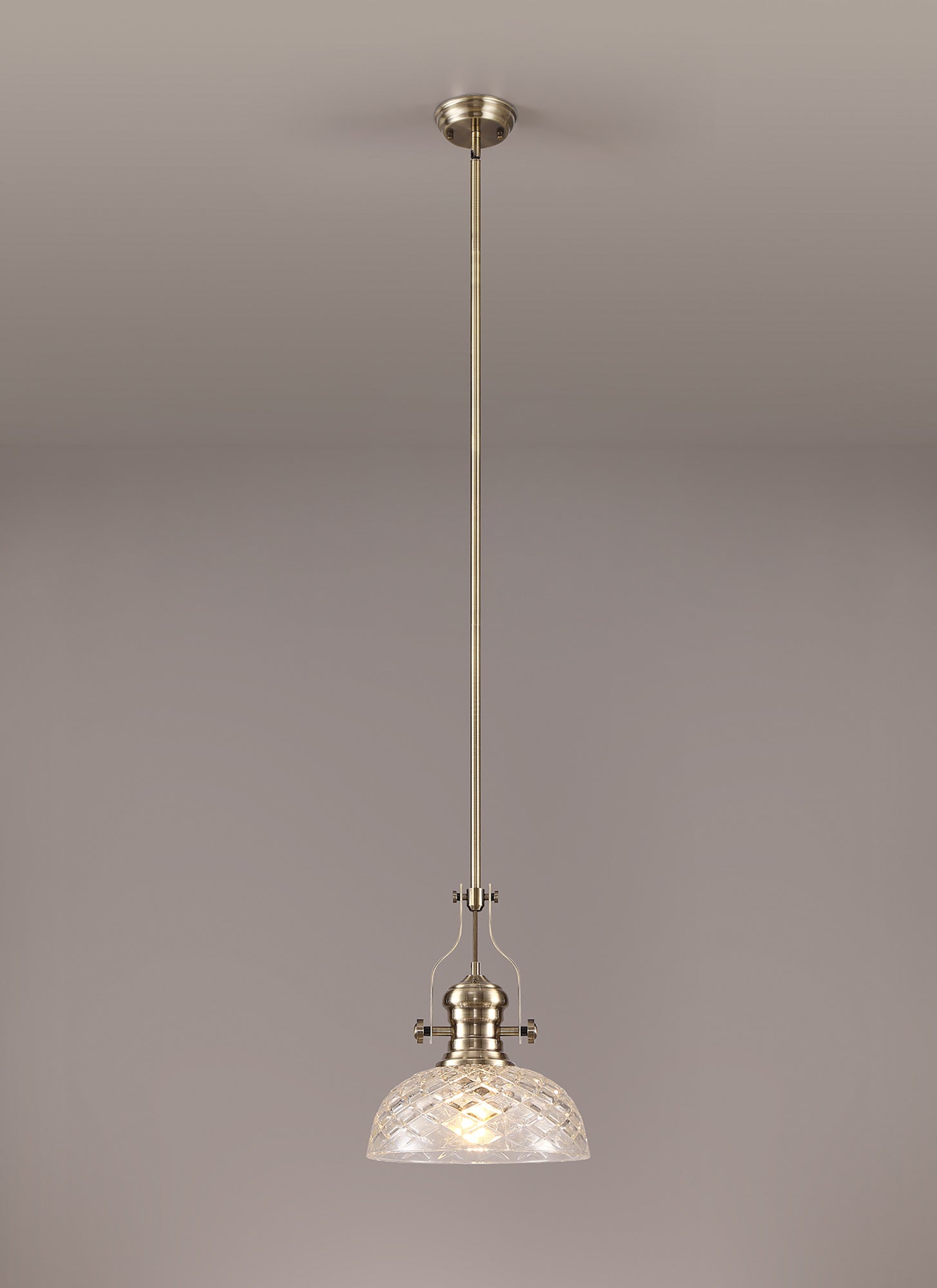 Docker Pendant With 30cm Flat Round Patterned Shade, 1 x E27, Antique Brass/Clear Glass LOK104623