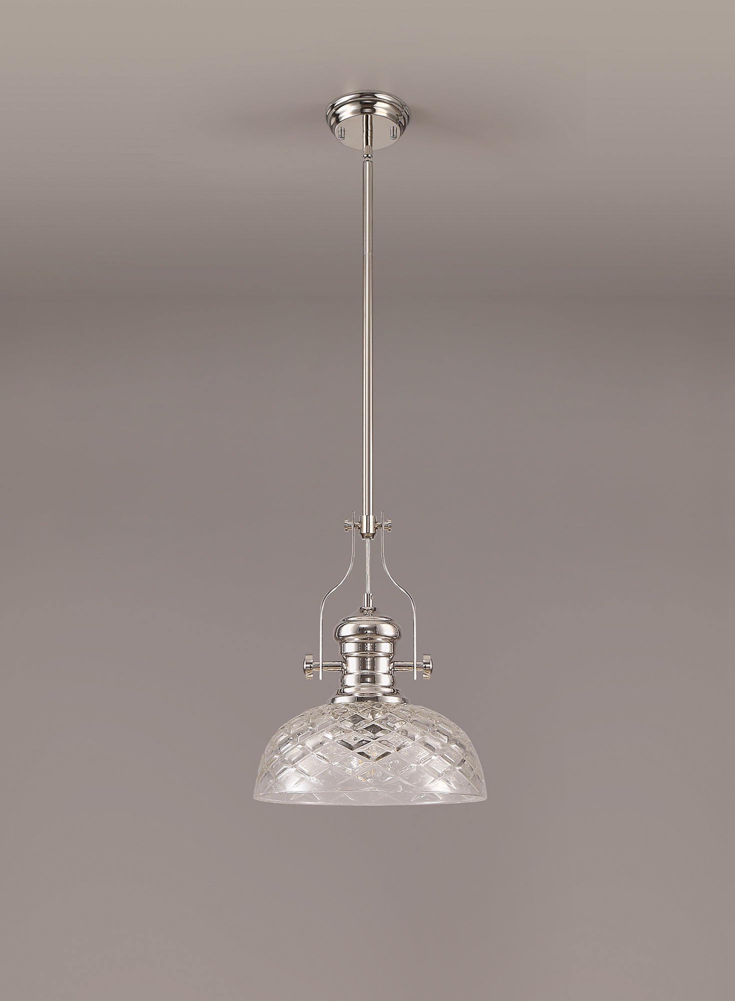 Docker Pendant With 30cm Flat Round Patterned Shade, 1 x E27, Polished Nickel/Clear Glass LOK104663