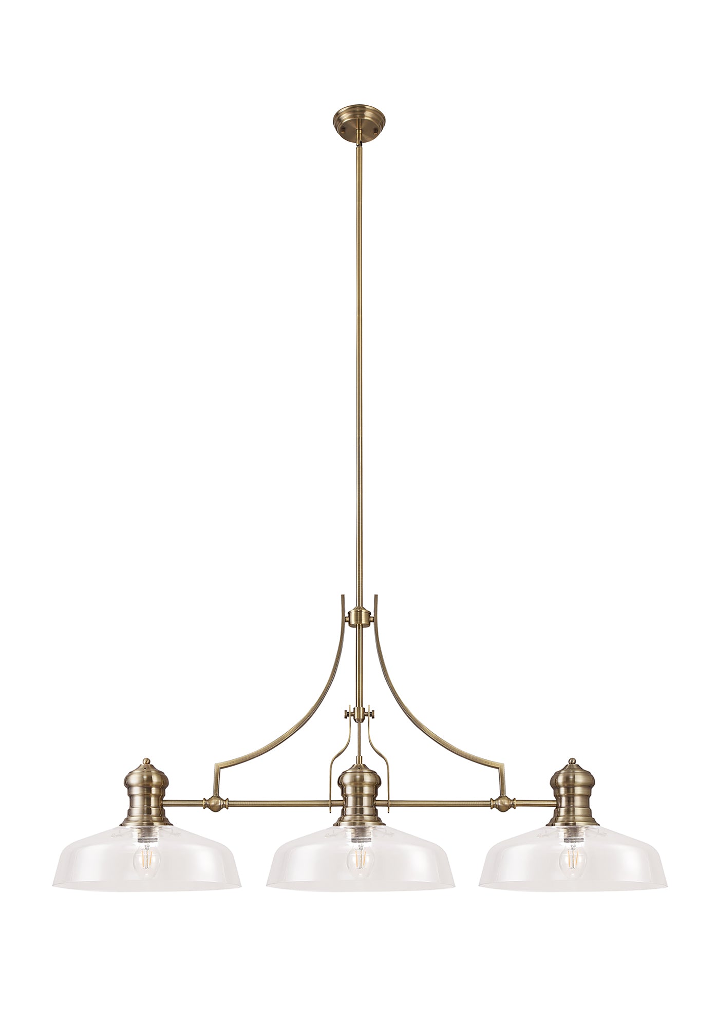 Docker Linear Pendant With 38cm Flat Round Shade, 3 x E27, Antique Brass/Clear Glass LOK104673