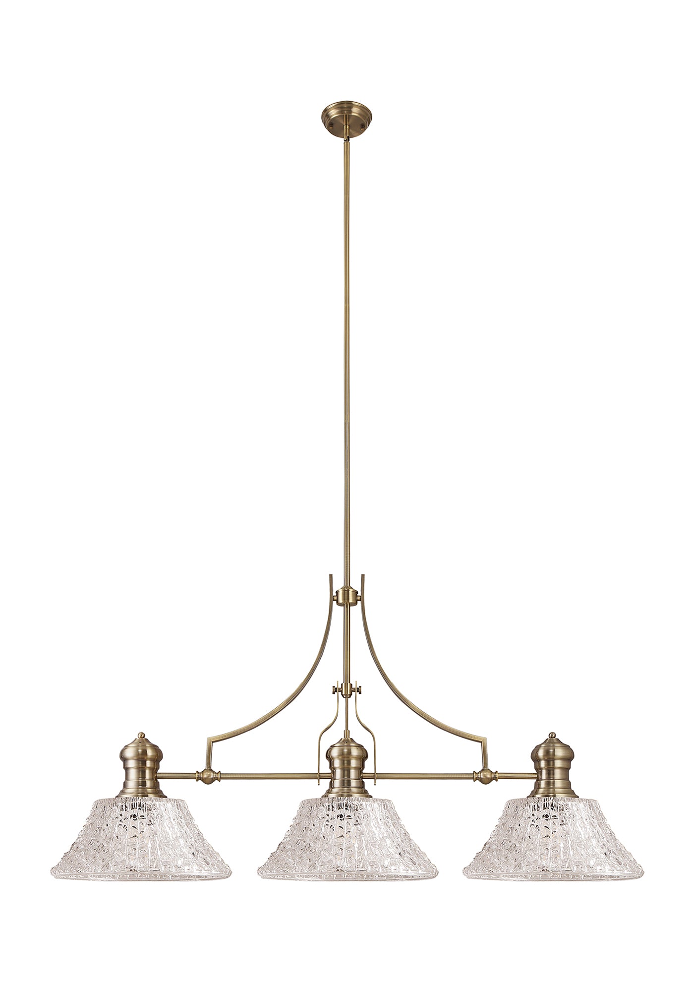 Docker Linear Pendant With 38cm Patterned Round Shade, 3 x E27, Antique Brass/Clear Glass Item Weight: 19.1kg LOK104743