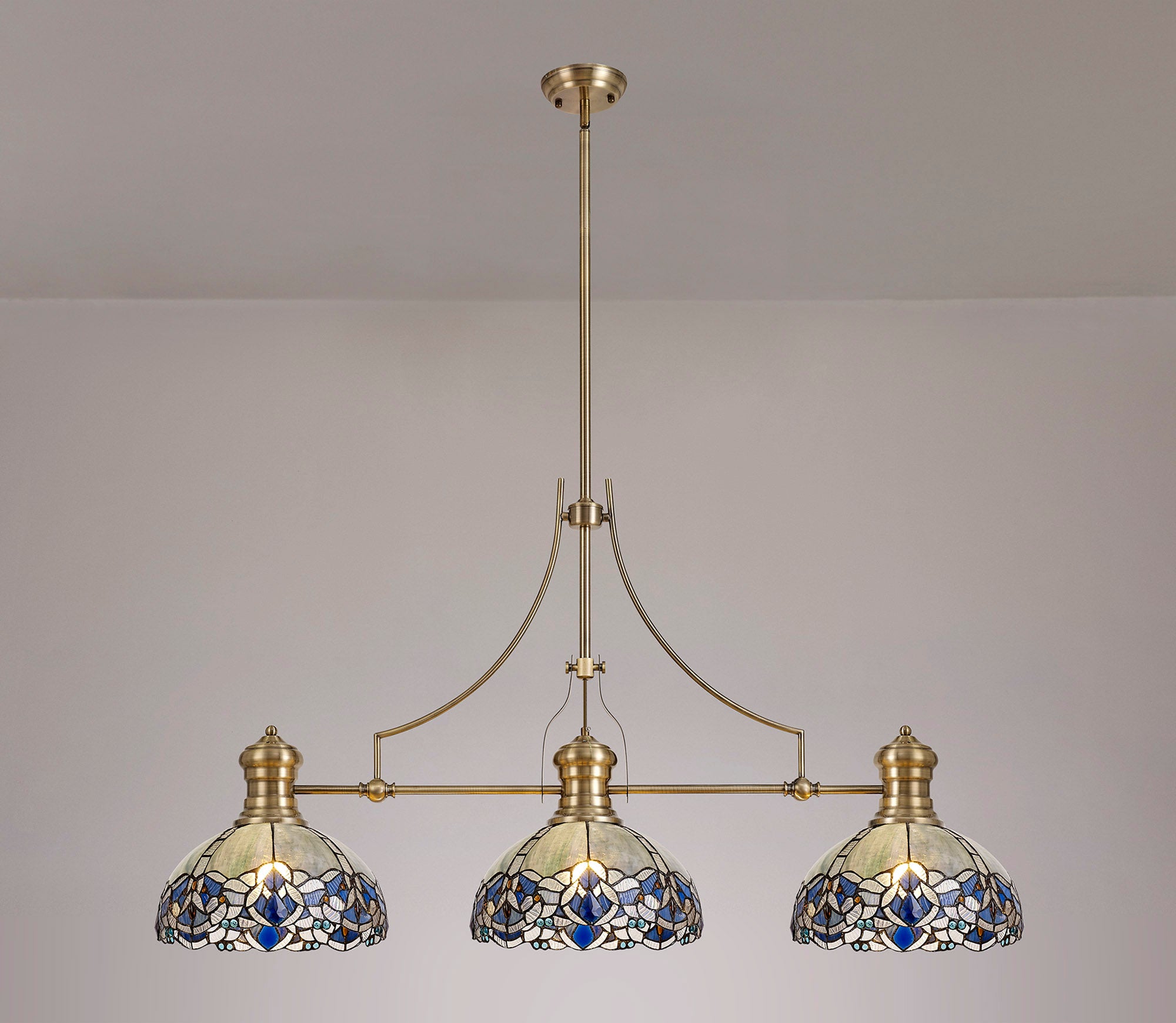 Docker, Oseki 3 Light Linear Pendant E27 With 30cm Tiffany Shade, Antique Brass, Blue, Clear Crystal
