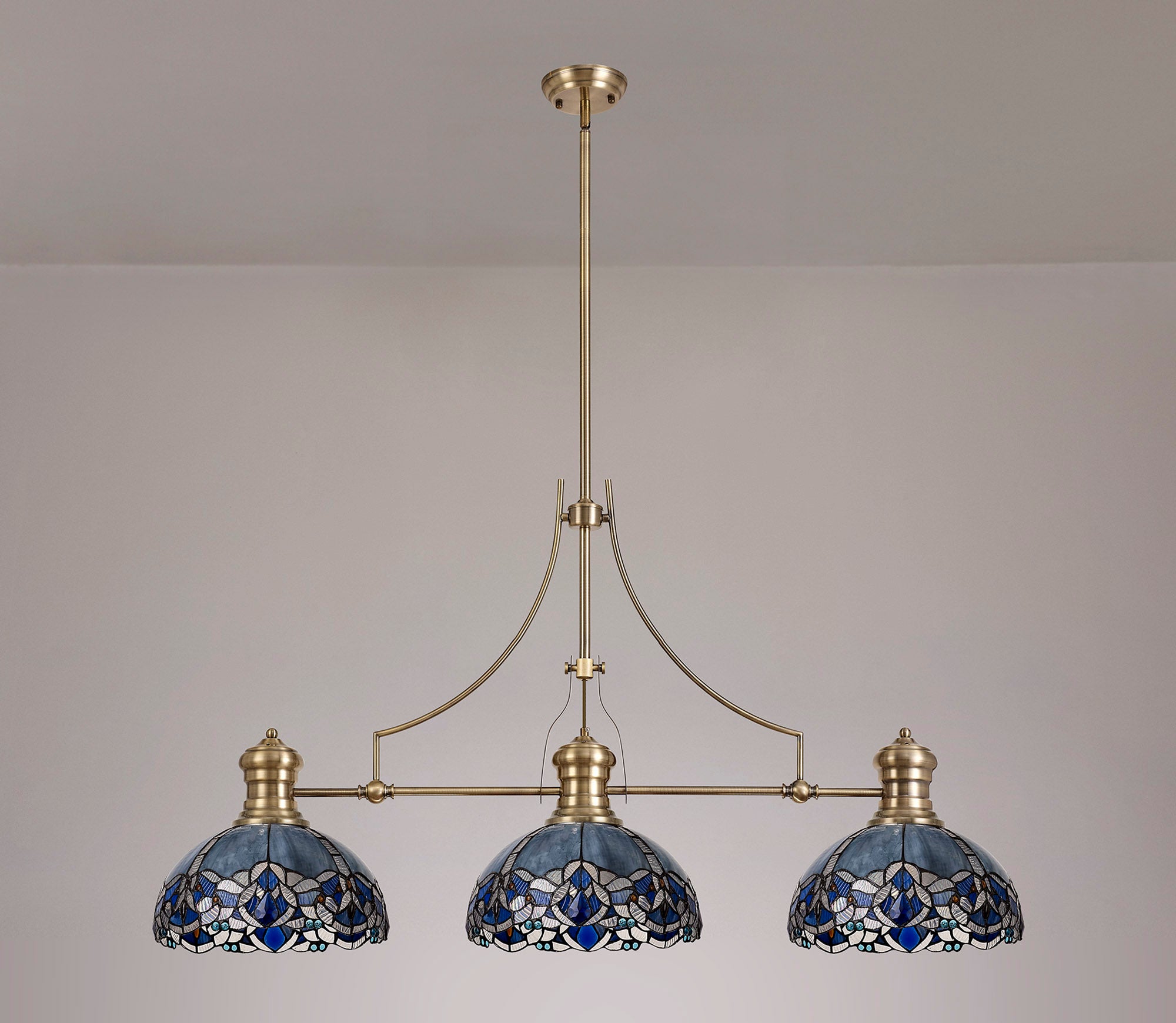 Docker, Oseki 3 Light Linear Pendant E27 With 30cm Tiffany Shade, Antique Brass, Blue, Clear Crystal