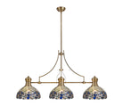 Docker, Oseki 3 Light Linear Pendant E27 With 30cm Tiffany Shade, Antique Brass, Blue, Clear Crystal