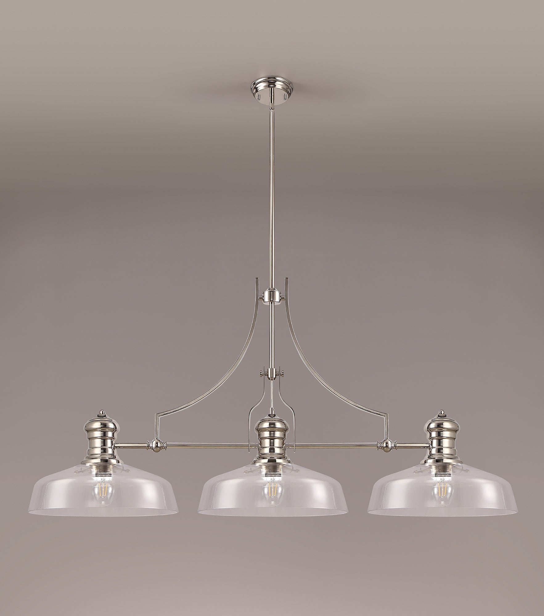 Docker Linear Pendant With 38cm Flat Round Shade, 3 x E27, Polished Nickel/Clear Glass LOK104813
