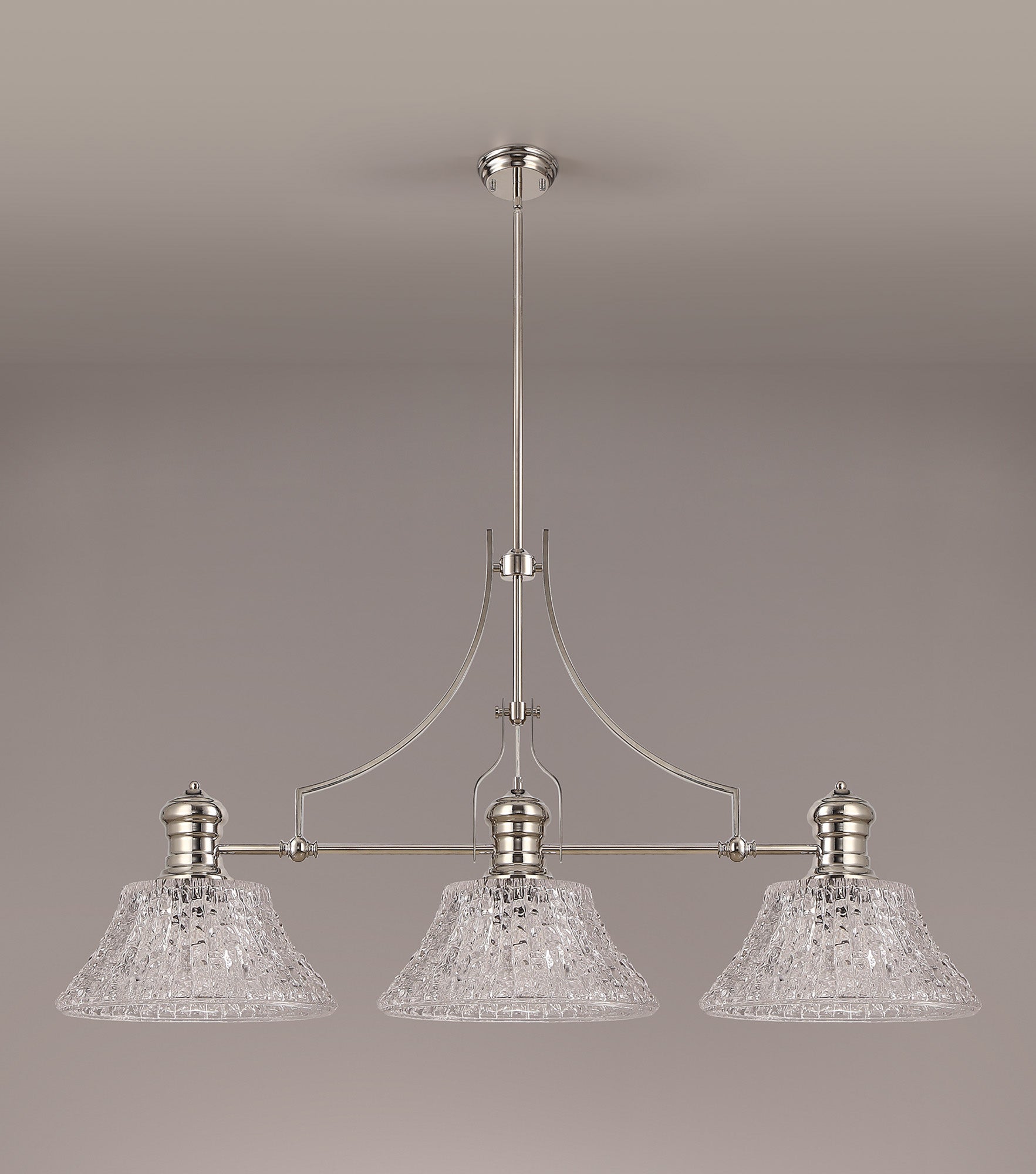 Docker Linear Pendant With 38cm Patterned Round Shade, 3 x E27, Polished Nickel/Clear Glass Item Weight: 19.1kg LOK104823