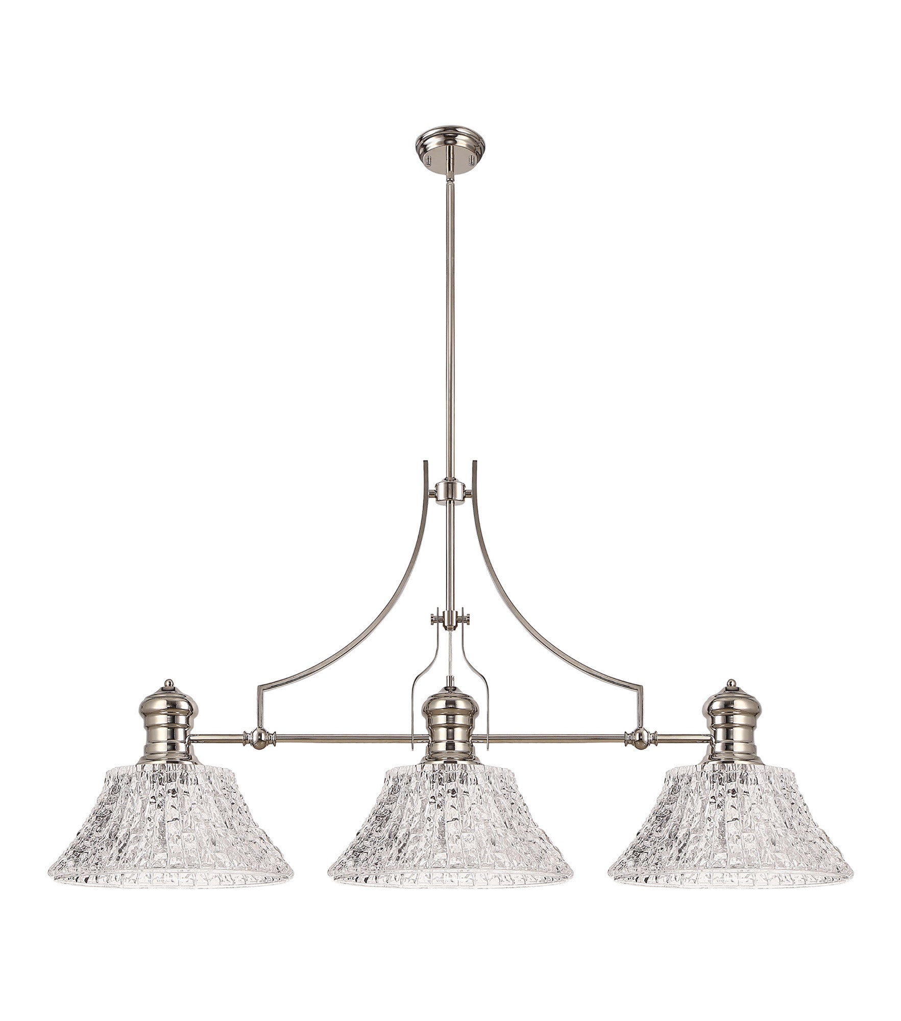 Docker Linear Pendant With 38cm Patterned Round Shade, 3 x E27, Polished Nickel/Clear Glass Item Weight: 19.1kg LOK104823