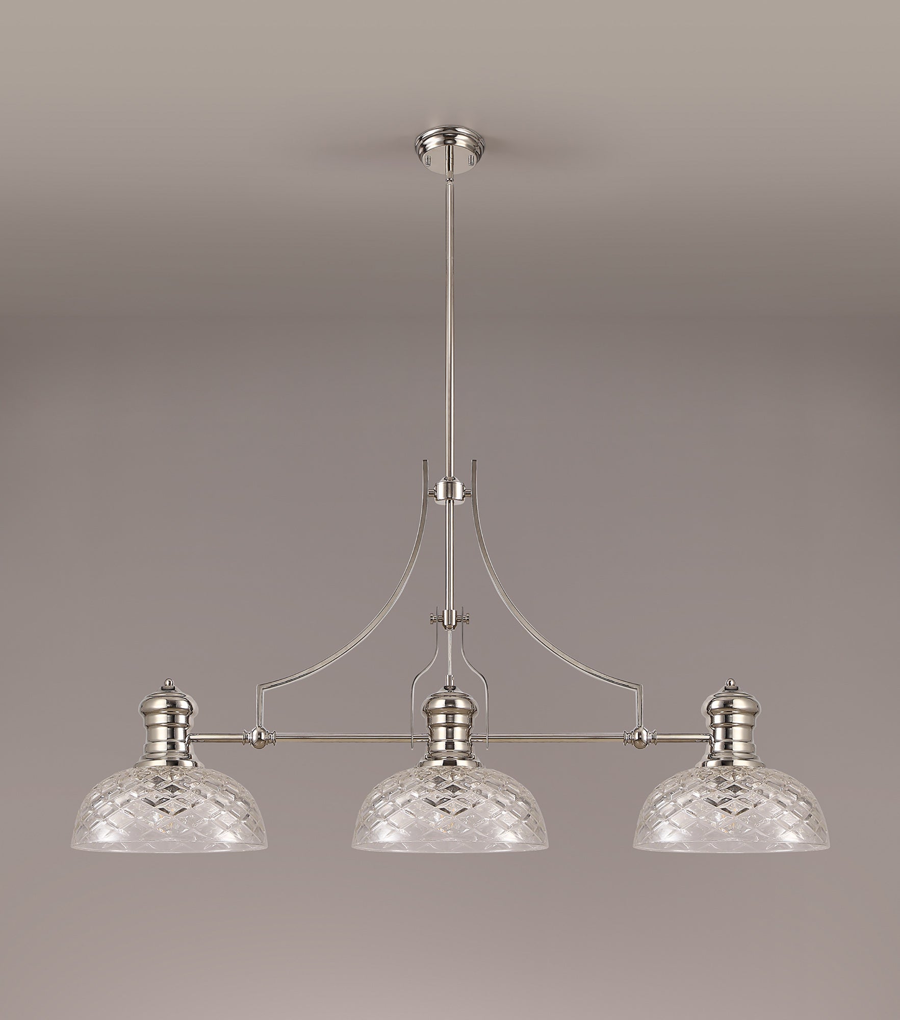 Docker Linear Pendant With 30cm Flat Round Patterned Shade, 3 x E27, Polished Nickel/Clear Glass LOK104833