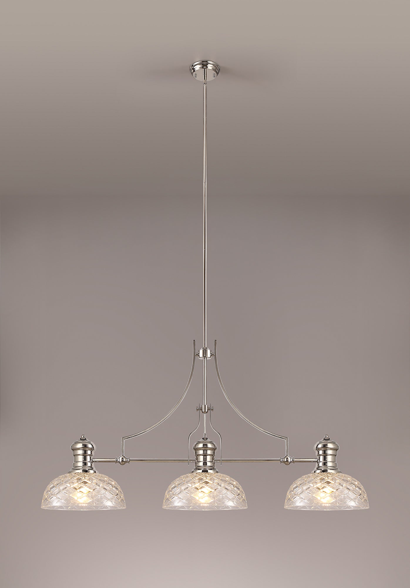Docker Linear Pendant With 30cm Flat Round Patterned Shade, 3 x E27, Polished Nickel/Clear Glass LOK104833