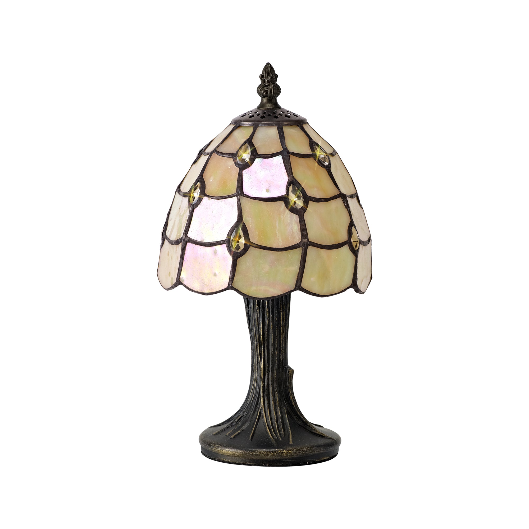 Trystan Tiffany Table Lamp, 1 x E14, Black/Gold, Beige/Clear Crystal Shade